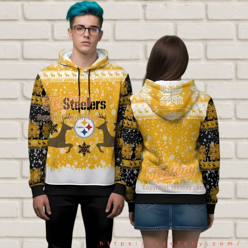 Pittsburgh Steelers Reindeer Ugly Christmas 3D Hoodie Holiday Snowflakes