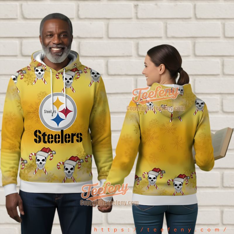 Pittsburgh Steelers Skull Candy Cane Ugly Christmas 3D Hoodie Yellow Fan