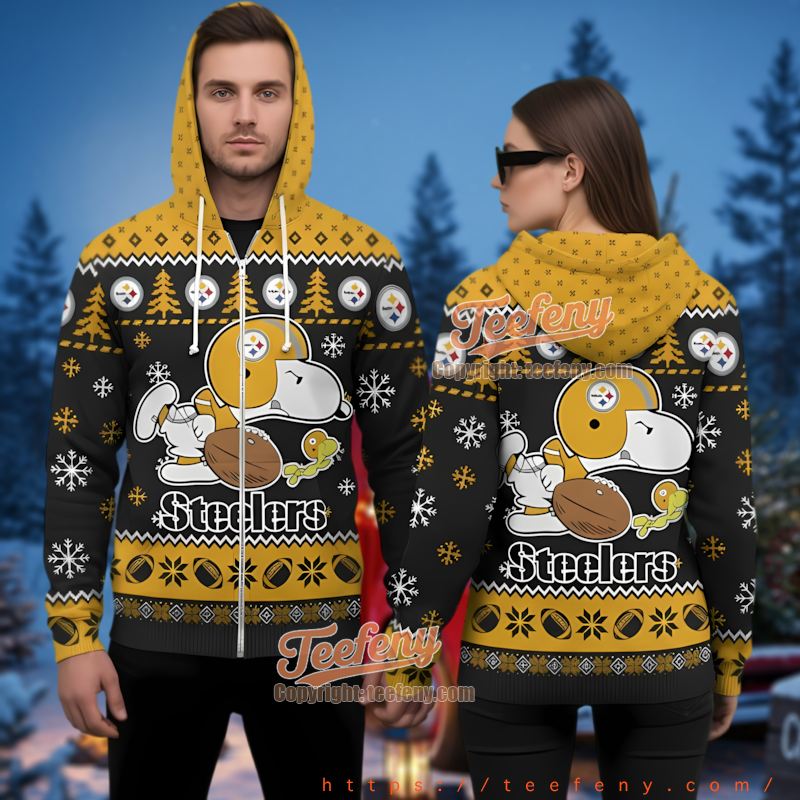 Pittsburgh Steelers Snoopy Ugly Christmas 3D Zip Hoodie Peanuts Fan