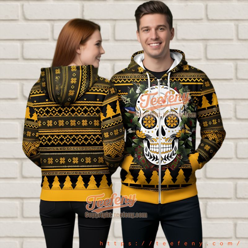Pittsburgh Steelers Sugar Skull Ugly Christmas 3D Zip Hoodie Gothic Fan