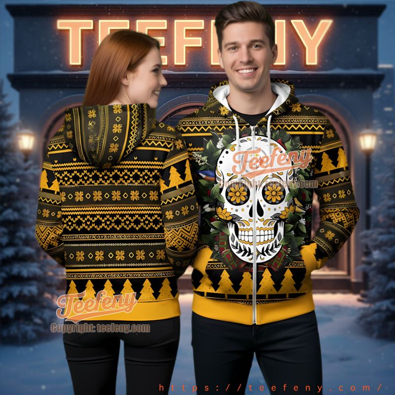 Pittsburgh Steelers Sugar Skull Ugly Christmas 3D Zip Hoodie Gothic Fan Pittsburgh Steelers Sugar Skull Ugly Christmas 3D Zip Hoodie Gothic Fan