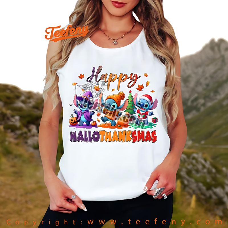 Stitch Happy Hallothanksmas Tanktop Disney Halloween Thanksgiving Christmas Stitch Happy Hallothanksmas Tanktop Disney Halloween Thanksgiving Christmas