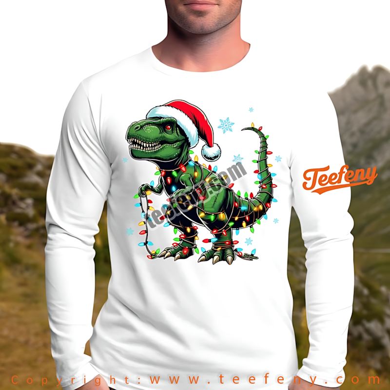 T Rex Long Sleeve Christmas Lights Funny Dinosaur Christmas T Rex Long Sleeve Christmas Lights Funny Dinosaur Christmas