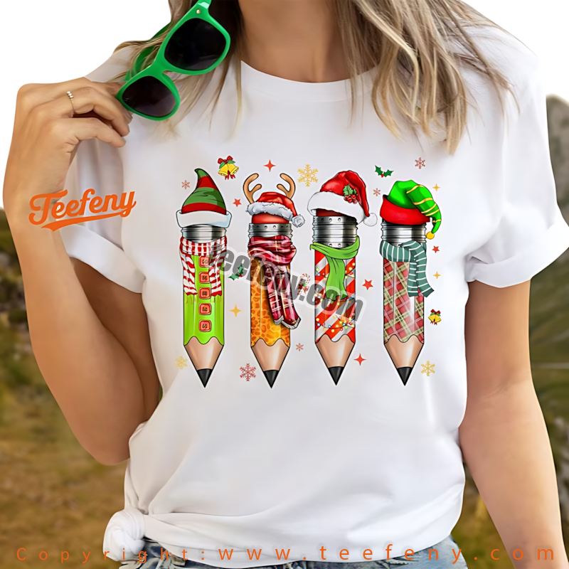 Teacher Christmas Shirt Festive Pencils Holiday Design
